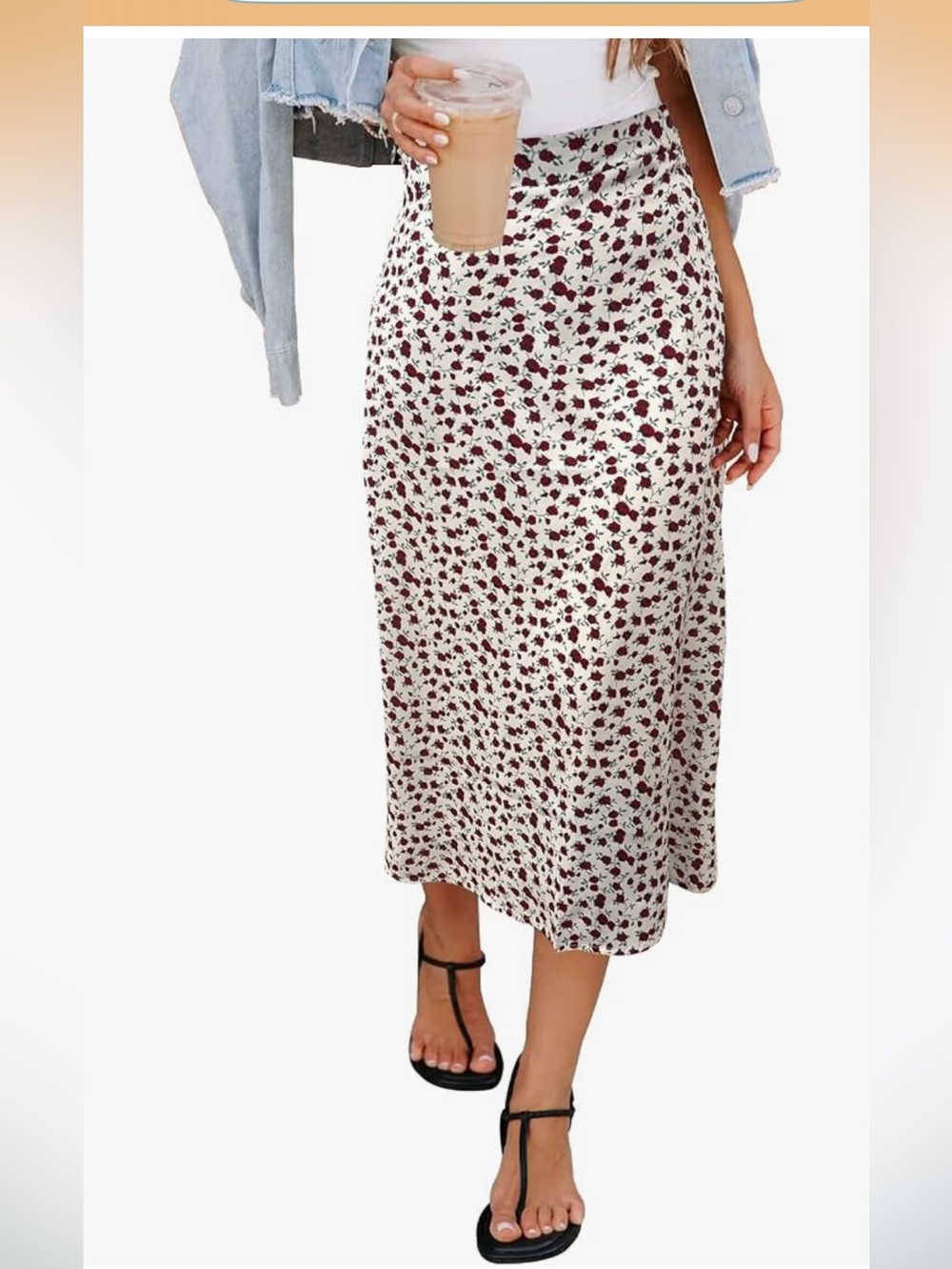 Floral Midi Skirt in Ivory with Burgundy Flowers